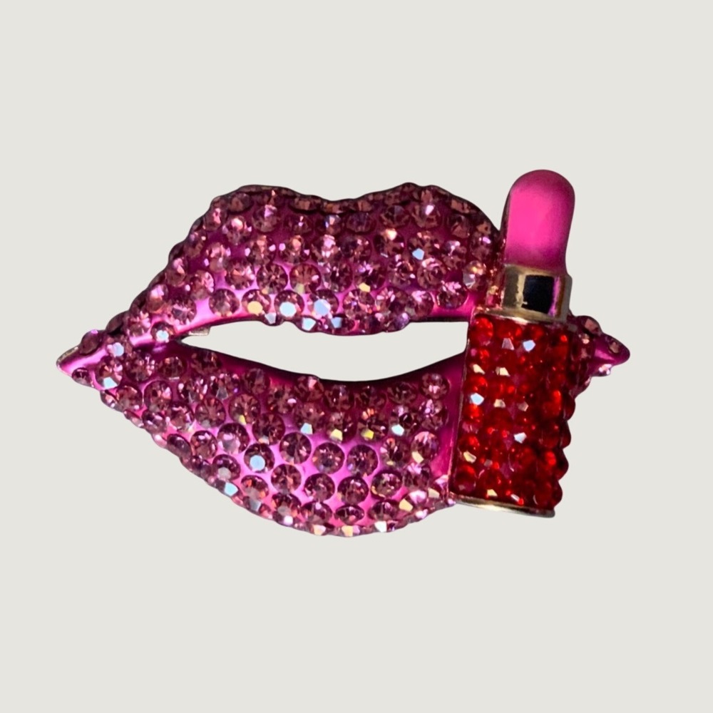 Pink Rhinestone Lips and Lipstick Brooch Pin Gold Tone Crystal Novelty Jewelry